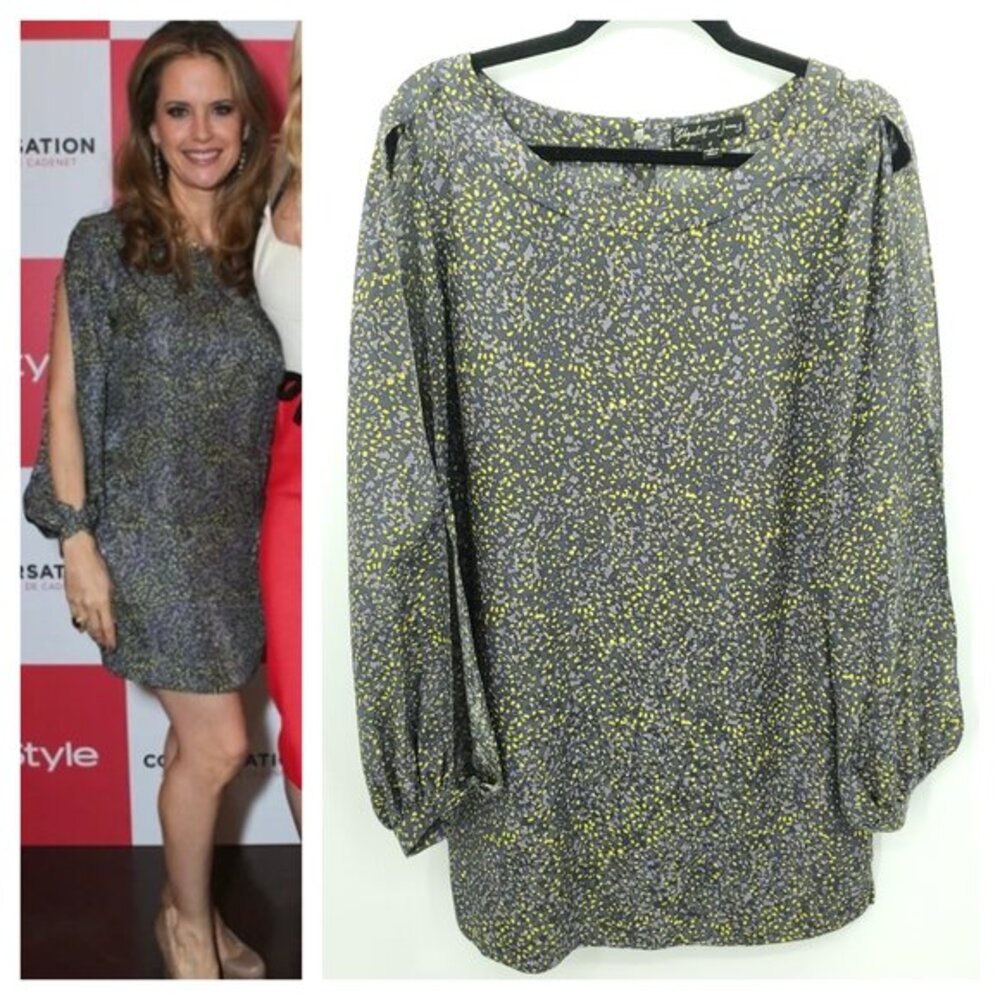 Elizabeth and James 100% Silk Split Sleeve Printed Mini Dress 8 Gray/Yellow
